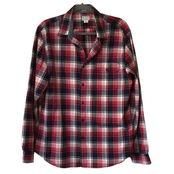 J. Crew Woven Plaid Men's Indian Madras Size Large Button Down Shirt Red Blue - Picture 1 of 5